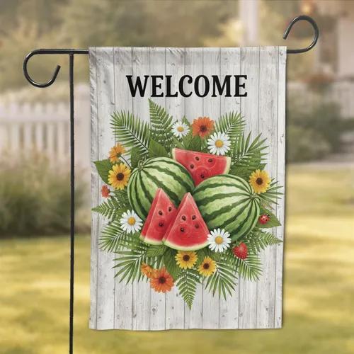 Vibrant Watermelon Slices Wildflower Strawberry Ladybug Welcome Sign - Farmhouse Home Decor Gift Garden Flag