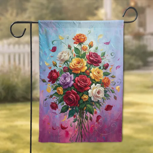 Lush Rose Bouquet Petals with Visible Stems and Leaves - Home Decor Gift for Flower Lover Garden Flag