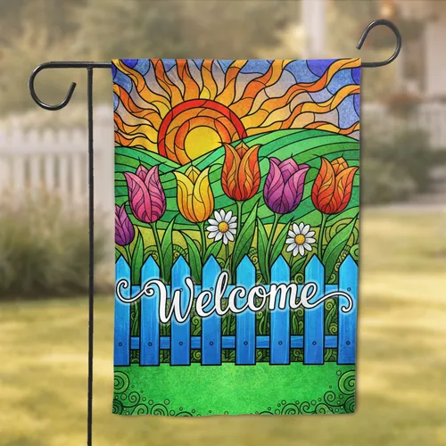 Welcome Tulips Picket Fence Sunny Hills - Home Decor Gift Garden Flag