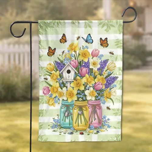 Daffodils Tulips Hyacinths Mason Jars Birdhouse - Home Decor Gift for Garden Lover Garden Flag