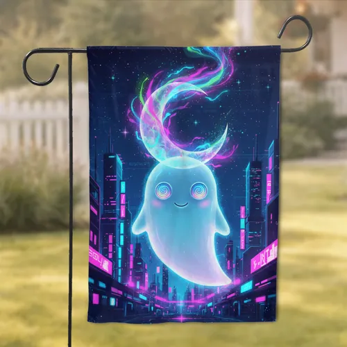 Pale Blue Ghost Neon Light Crescent Moon Cyberpunk City Digital Sky - Home Decor Gift Garden Flag