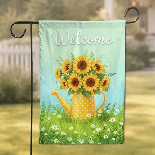 Welcome Watering Can Sunflowers Daisy Meadow Sky - Outdoor Garden Entryway Decor Garden Flag