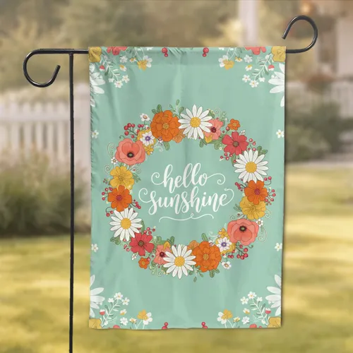 Hello Sunshine Floral Wreath Daisies Marigolds Poppies - Home Decor Gift Garden Flag
