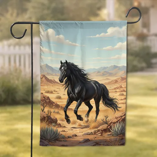 Black Horse Desert Valley Mountains - Wildlife Lover Home Decor Gift Garden Flag