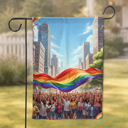 Rainbow Pride Flag Crowd Cityscape - Pride Month Celebration Home Decor Garden Flag