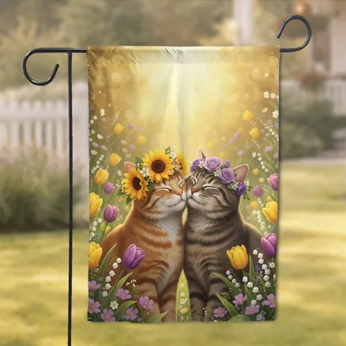 Nuzzling Tabby Cats Sunflower Rose Tulips Lilies - Home Decor Cat Lover Gift Garden Flag