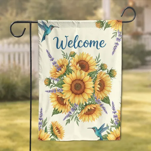 Sunflowers Welcome Hummingbirds Lavender Floral - Everyday Home Decor Gift Garden Flag