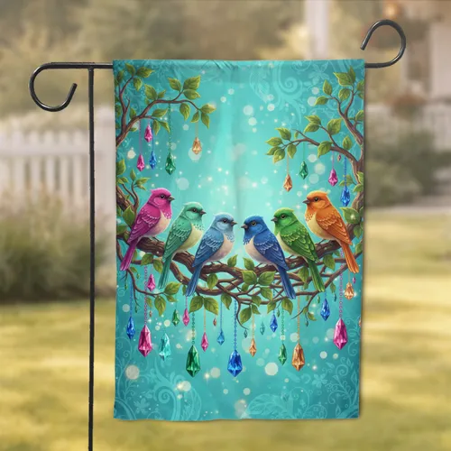 Songbirds on Gnarled Branches Crystal Pendants - Home Decor Gift for Bird Lovers Garden Flag
