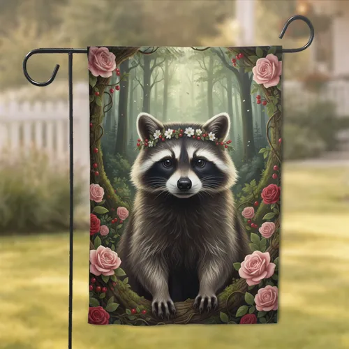 Raccoon Flower Crown Roses Forest - Wildlife Lover Home Decor Garden Flag