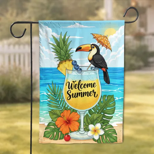 Welcome Summer Cocktail Toucan Tropical Beach - Summer Home Decor Gift Garden Flag