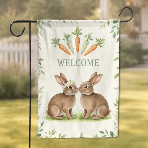Brown Bunnies Floral Crown Welcome Carrots Green Grass Botanical Vines Home Decor Gift Garden Flag