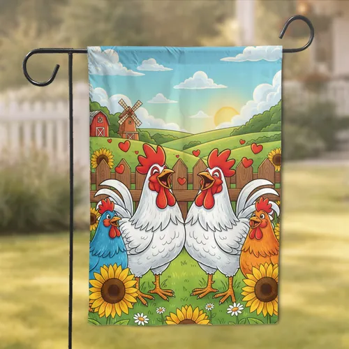 Singing Roosters Chicken Farm Landscape Sunflowers - Farmhouse Decor Gift Garden Flag