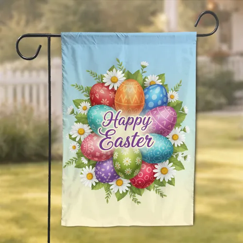 Happy Easter Decorated Eggs White Daisies - Easter Holiday Home Decor Gift Garden Flag