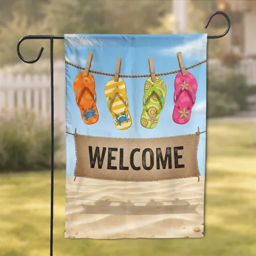 Flip-Flops Clothesline Welcome Banner Sandy Beach Summer Home Decor Gift Garden Flag