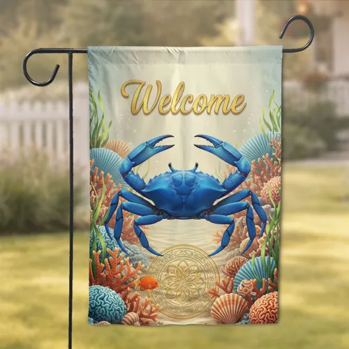 Electric Blue Crab Welcome Coral Reef Scene - Coastal Home Decor Gift Garden Flag