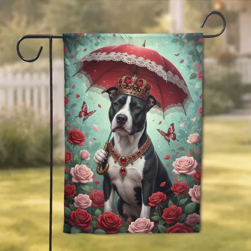 Pitbull Dog Crown Parasol Roses Butterflies - Home Decor Gift for Pet Lover Garden Flag