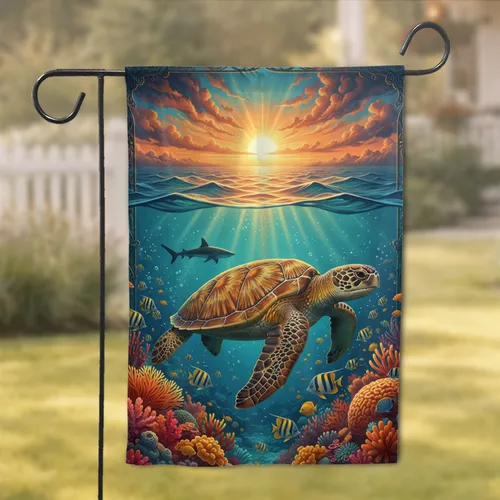 Sea Turtle Coral Reef Tropical Fish Ocean Sunset - Wildlife Lover Home Decor Gift Garden Flag