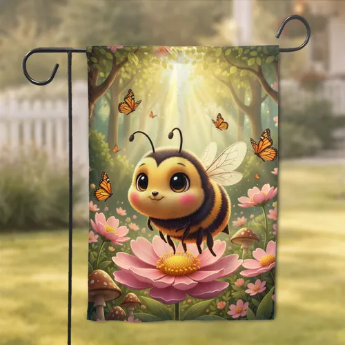 Fuzzy Bee Pink Flower Butterflies Mushrooms Forest - Garden Home Decor Gift Garden Flag