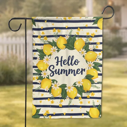 Hello Summer Lemons Daisy Hearts Navy Stripes - Outdoor Garden Patio Seasonal Decor Garden Flag