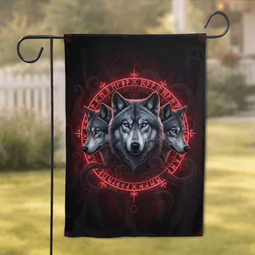 Three Majestic Wolf Heads Glowing Crimson Runic Circle - Mystic Home Decor Gift for Wolf Lover Garden Flag