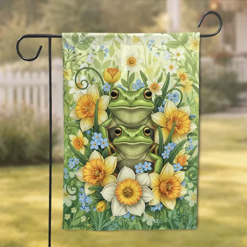 Two Green Tree Frogs Daffodils Floral - Spring Home Decor Gift for Nature Lovers Garden Flag
