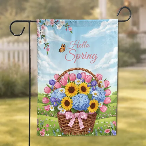 Hello Spring Pink Tulips Sunflowers Basket Wildflowers - Seasonal Home Decor Garden Flag