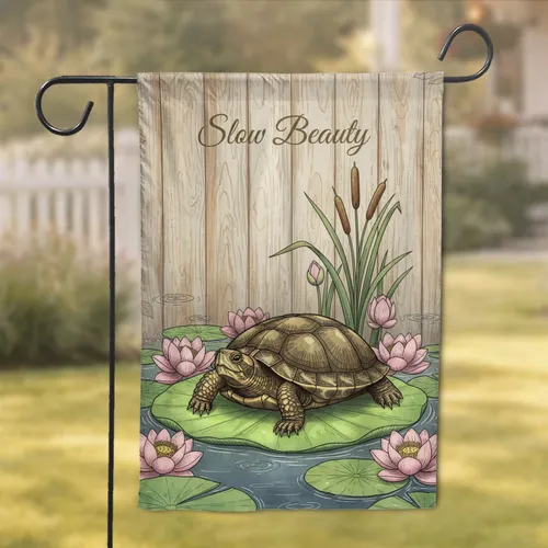 Realistic Pond Turtle Lily Pad Lotus Flowers 'Slow Beauty' Wooden Planks - Home Decor Gift Garden Flag