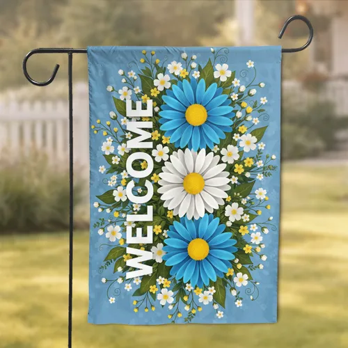 WELCOME Blue White Yellow Daisy Floral Garden - Housewarming Home Decor Gift Garden Flag