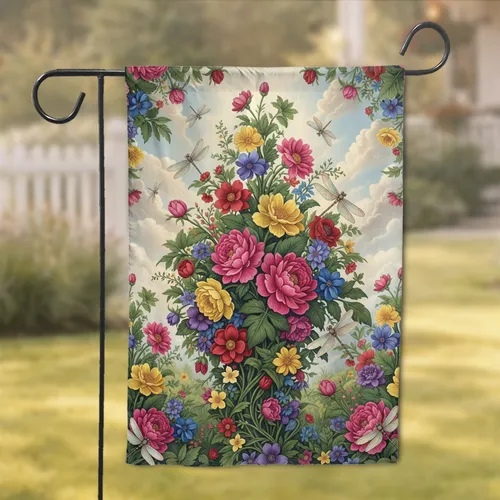 Luxuriant Garden Flowers Dragonflies Bouquet with Sky Background - Home Decor Gift Garden Flag