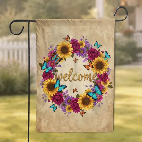 Sunflowers Roses Daisies Welcome Floral Wreath Butterflies - Garden Home Decor Gift Garden Flag