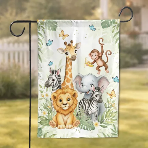 Baby Jungle Animals Greenery Butterflies - Wildlife Lover Home Decor Gift Garden Flag