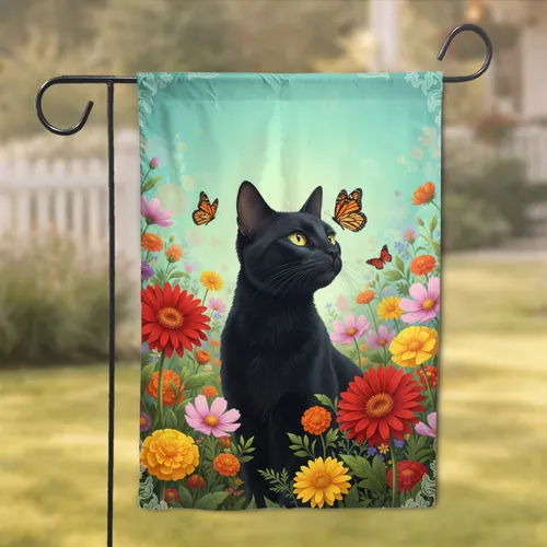 Black Cat Lush Garden Floral Butterflies - Home Decor Gift for Cat Lovers Garden Flag