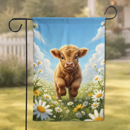 Fluffy Highland Calf Daisy Meadow - Farmhouse Decor Gift for Cow Lovers Garden Flag