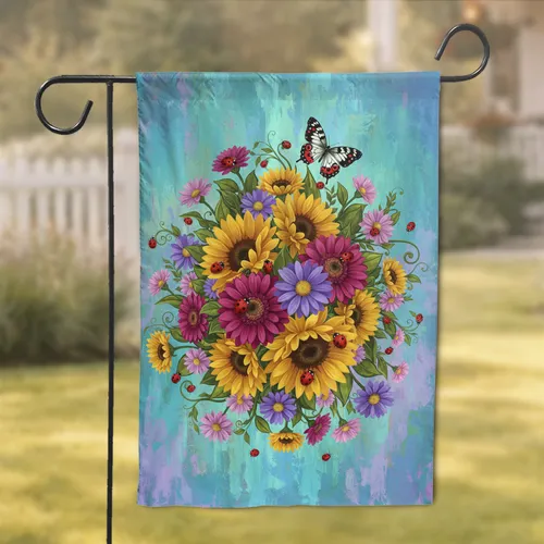 Golden Sunflowers Gerbera Daisies Ladybug Butterfly Garden - Garden Lover Gift Garden Flag