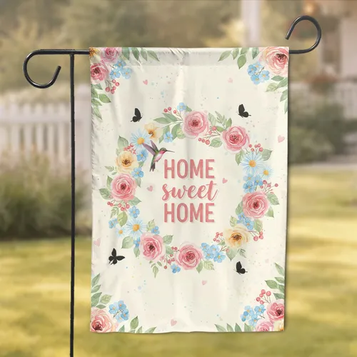Home Sweet Home Floral Wreath Hummingbird Butterfly Farmhouse Home Decor Gift Garden Flag
