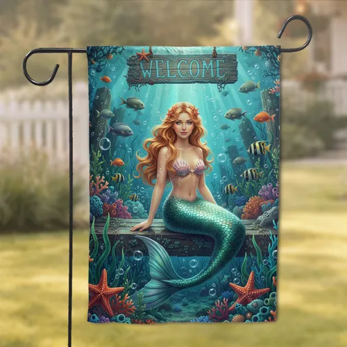 Mermaid Welcome Sign Tropical Underwater - Home Decor Gift for Mermaid Lover Garden Flag
