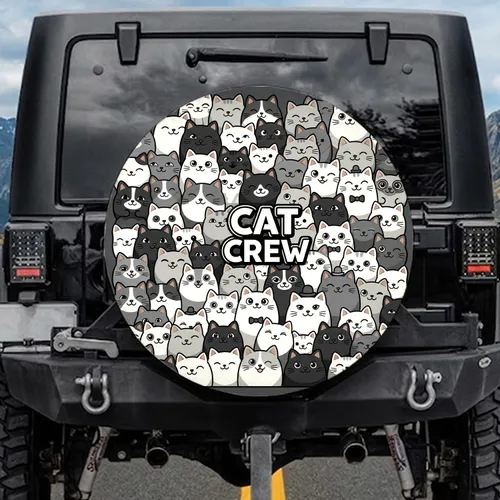 Stylized Cartoon Cats Cheerful Crowd Interlocking Faces - Everyday Cat Lover Gift Spare Tire Cover