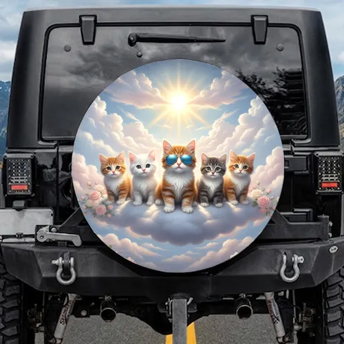 Kittens Sunglasses Cumulus Clouds Roses - Cat Lover Home Decor Gift Spare Tire Cover