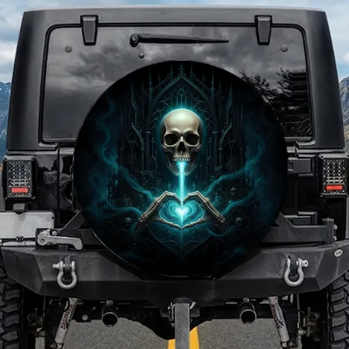 Human Skull Skeletal Hands Glowing Heart Gothic Structures - Gothic Lifestyle Gift Spare Tire Cover