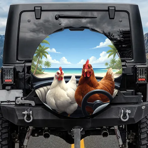 Chickens Dashboard Tropical Beach - Road Trip Car Decor Travel Gift Spare Tire Cover