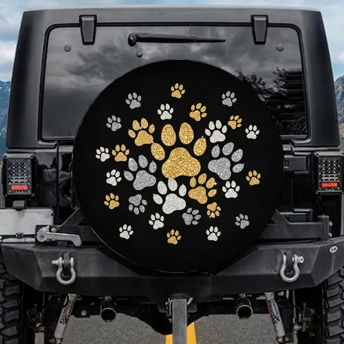 Deep Black Glitter Metallic Sparkling Paw Prints Cluster Gold Silver - Pet Lover Gift Spare Tire Cover