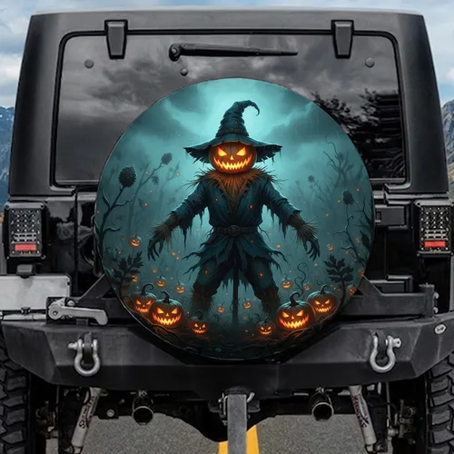 Glowing Jack-o'-Lantern Scarecrow Dark Misty Pumpkin Patch - Halloween Decor Spare Tire Cover