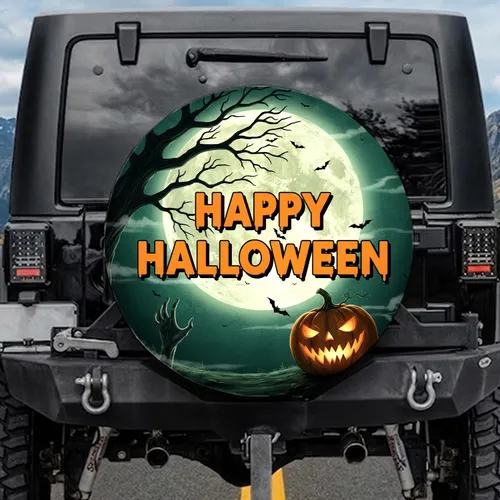 Happy Halloween Jack-o-Lantern Spooky Tree Zombie Hand - Halloween Holiday Celebration Spare Tire Cover