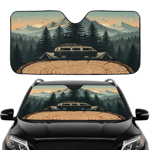Vintage Camper Van Camping Tents Mountain Forest Road Trip Gift Car Sunshade