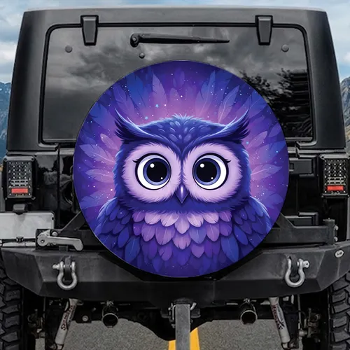 Indigo Violet Purple Wide Eyed Cartoon Owl Layered Feather Wildlife Lover Gift Spare Tire Cover