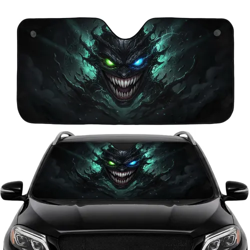 Menacing Grinning Face Razor Sharp Fangs Glowing Green Blue Eyes - Car Interior Upgrade Car Sunshade