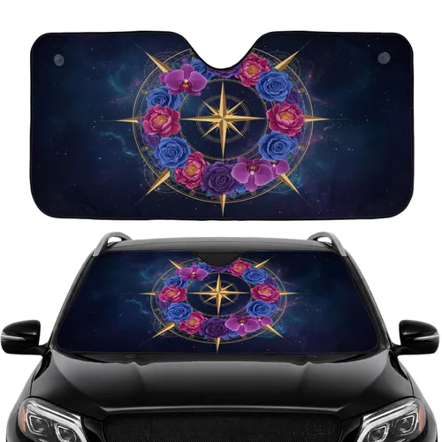Golden Compass Rose Floral Wreath Celestial - Car Interior Upgrade Car Sunshade