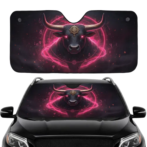 Imposing Bull Head Crimson Eyes Golden Horns Emblem Neon Rings - Car Interior Upgrade Car Sunshade