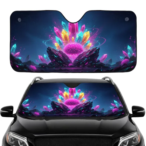 Neon Crystals Glowing Flora Obsidian Rocks - Road Trip Essentials Car Sunshade
