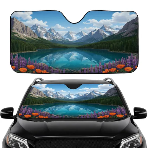 Pristine Glacial Mountain Lake Snowy Peaks Wildflowers Car Interior Upgrade Car Sunshade